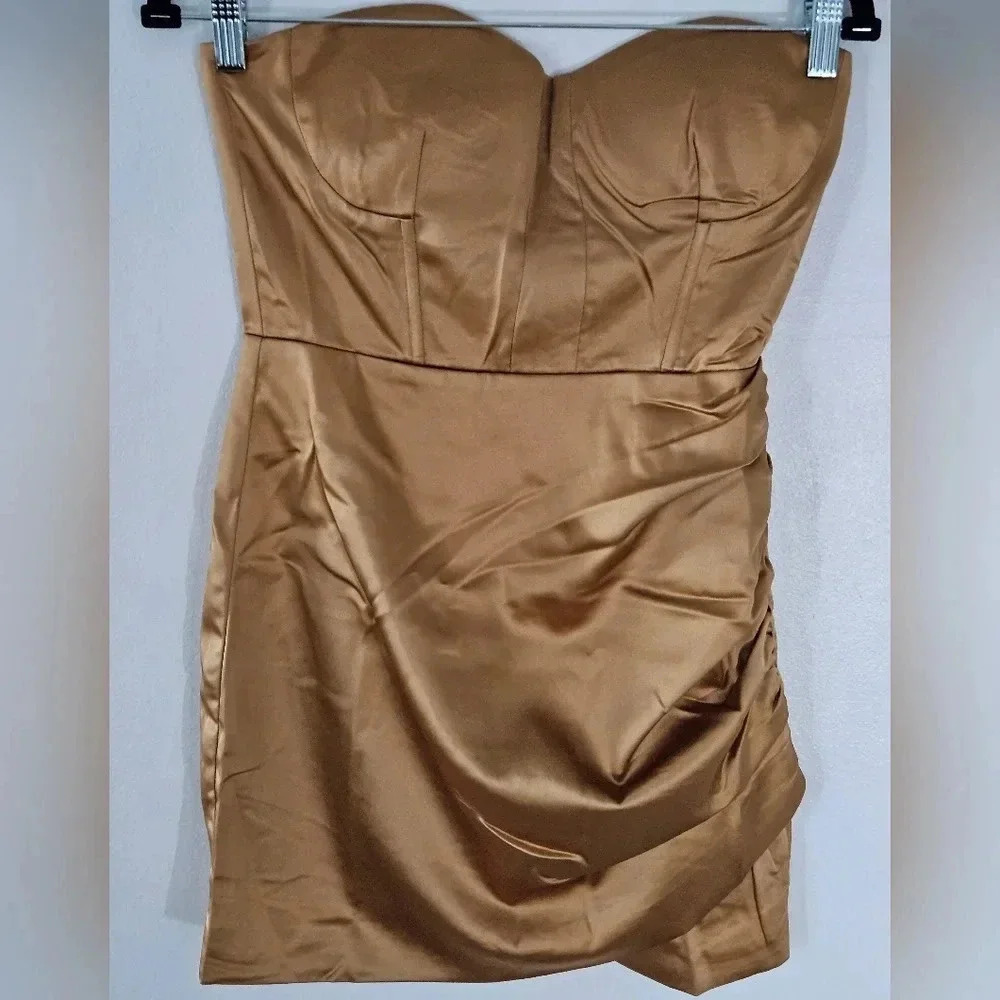 Naked Wardrobe Gold Satin Strapless Ruched Bodycon Mini Dress Size S NWT
